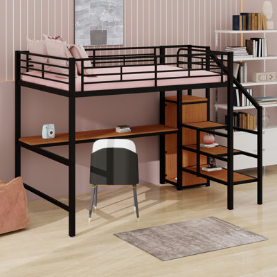 Heavy Duty Metal Loft Bed With L-Shaped Desk, Storage Shelves,USB Charging Station ,Safety Guard , Ladder,LED Light, And Wardrobe