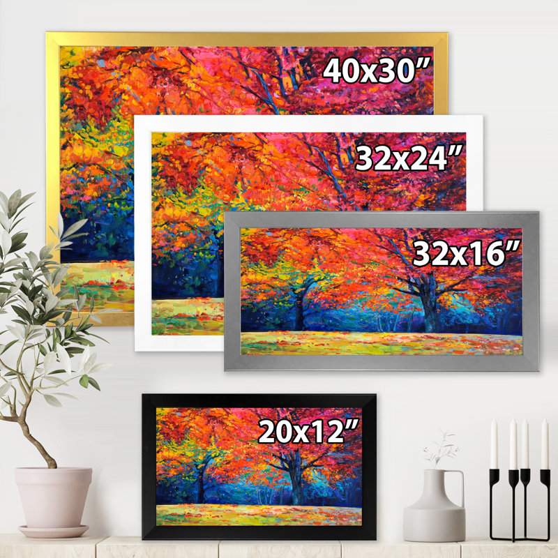 «Vibrant Red Tree in Autumn Landscape», peinture sur toile, H 12 po x l 20 po x p 1 po, Cadre photo noir