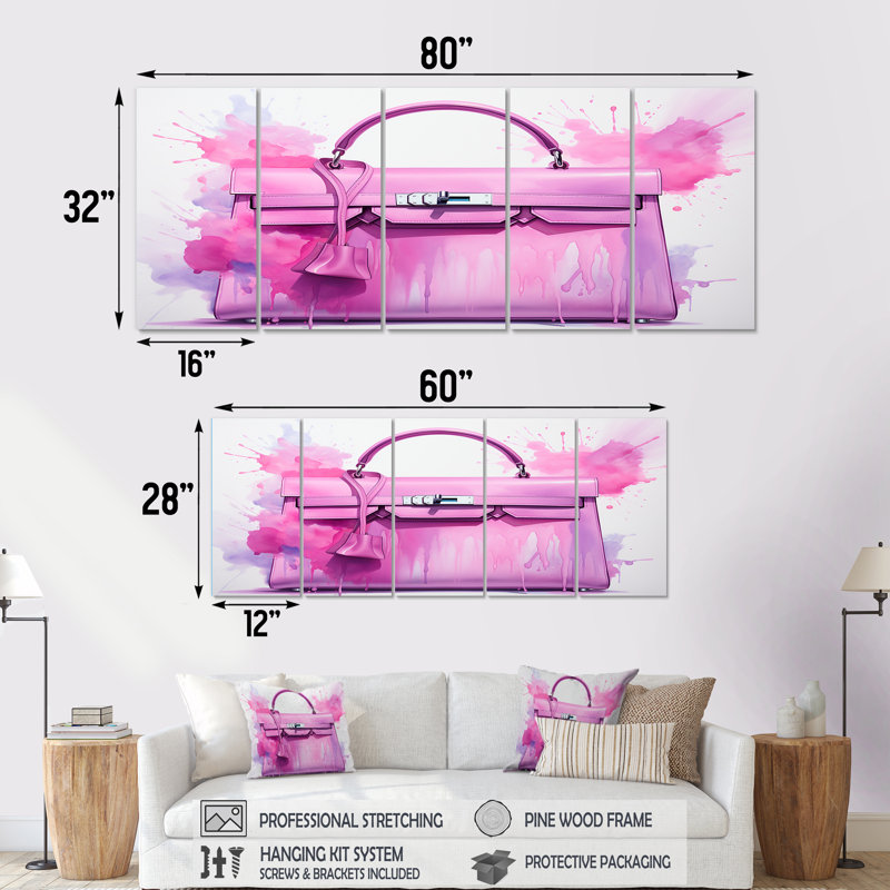 «Pink Fashion Hand Bag Elegance - Fashion Bag», art mural 5 pièces, H 28 po x l 60 po