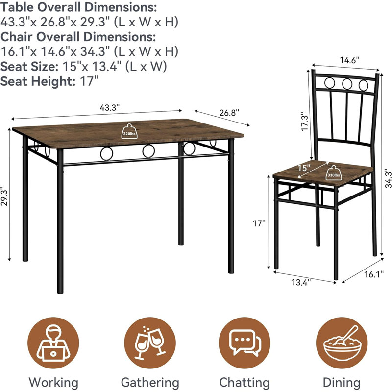 Ensemble de table de salle à manger pour 4, table et chaises de cuisine 5 pièces, ensemble de table de salle à manger rectangulaire avec 4 chaises, ensemble de table de cuisine compacte pour petit espace, coin repas, appartement, rétro brun