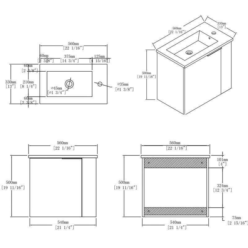 Meuble-lavabo flottant avec lavabo, porte à fermeture en douceur, lavabo en céramique, contreplaqué, Black