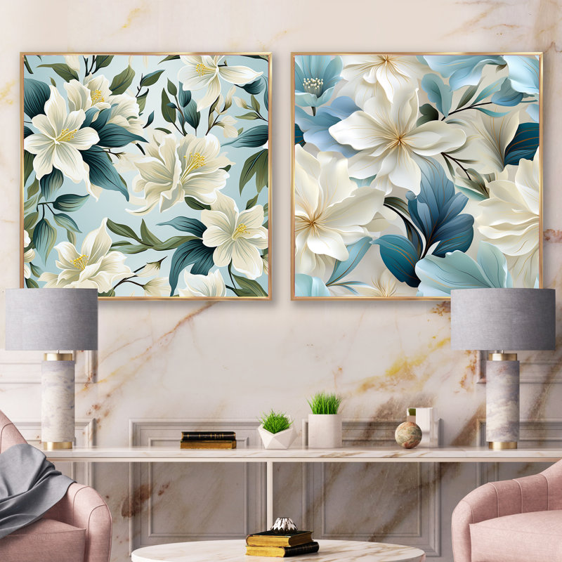 Copen - Ensemble de 2 collages floraux carrés, Cadre flottant doré, H 30 po x l 61 po