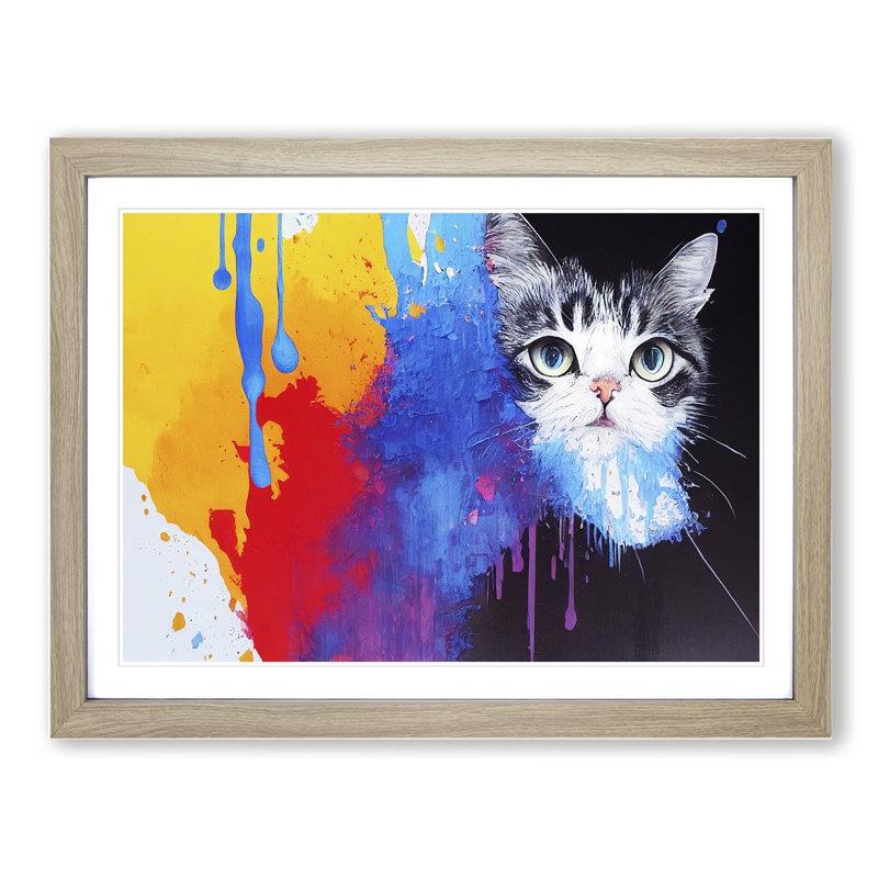 Cat in Paint Abstract - Framed Print, 25cm H x 34cm W x 2cm D, Oak