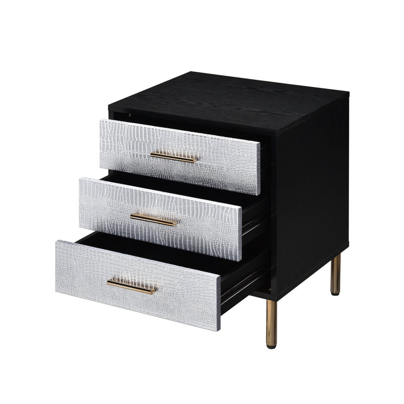 Table de chevet en noir, argent et or avec glissières de rangement à tiroir