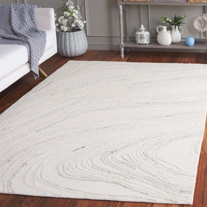 Tapis abstrait en laine / coton touffeté à la main en ivoire / gris clair Hitha, Rectangle 3 pi x 5 pi