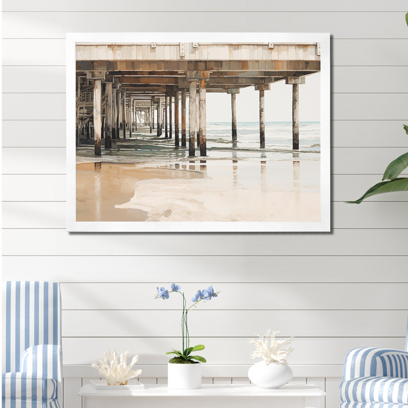 Minimalisme, jetée beige Horizon I - Coastal Pier, art mural large, H 24 po x l 32 po x P 1 po, Cadre simple blanc