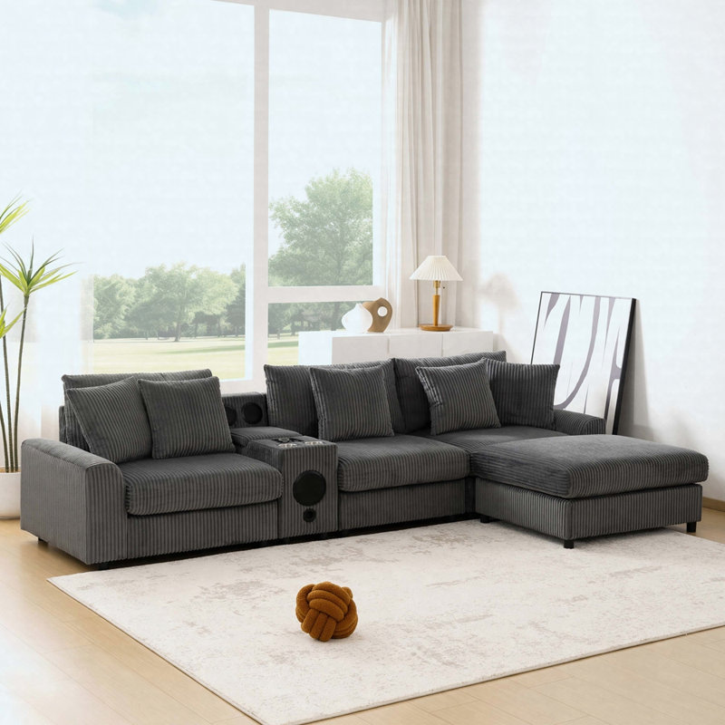 114*64'' Corduroy Sectional Sofa with Bluetooth Speakers,L Shaped Couch with Console,USB Charger,Cup Holders,Storage,Ottoman,Deep and Wide Seat Cloud Sofa for Living Room,Apartment,2 Colors
