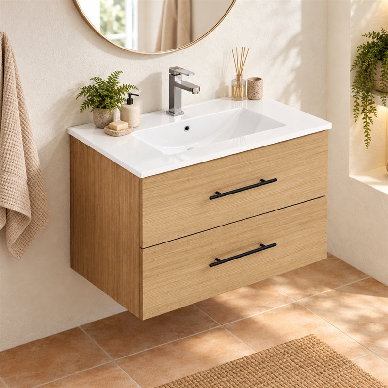 Meuble-lavabo mural 30 po avec lavabo en céramique et deux tiroirs
