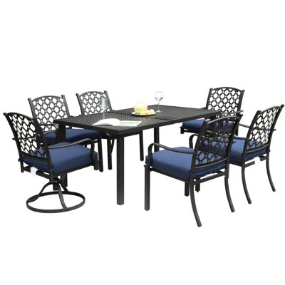Ensemble de salle à manger de patio 7 pièces, structure en métal avec coussins bleu marine amovibles, idéal pour le jardin, la pelouse et la cour. Table et coussins inclus. Robuste.