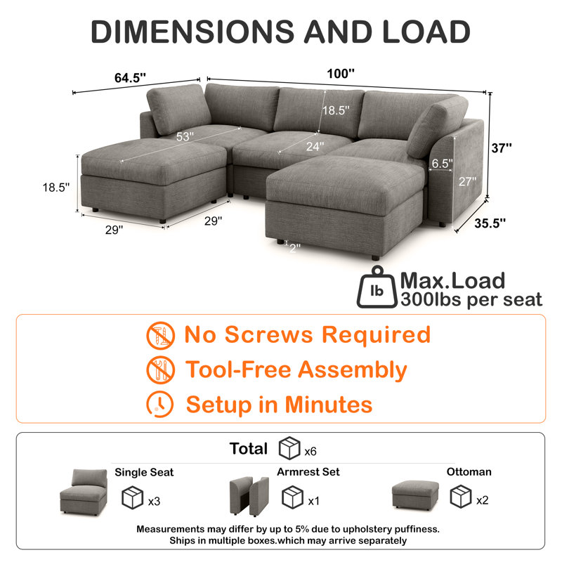 Canapé modulaire 5 pièces avec rangement 5 pièces, Chenille gris pâle, H 37 po x l 100 po x P 64,5 po