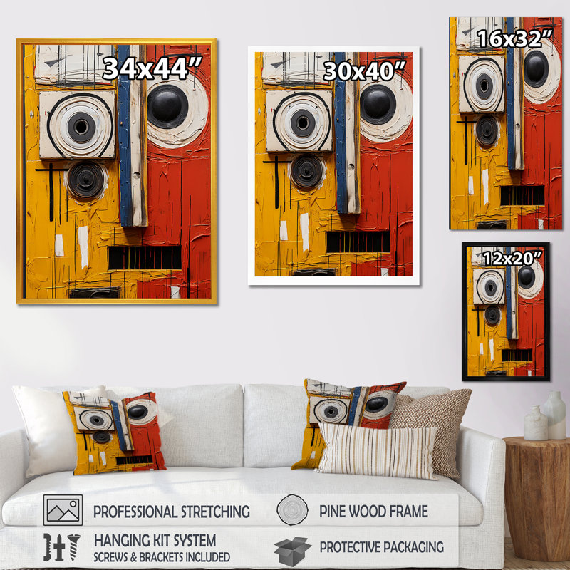Soulèvement cubique robot jaune et rouge, Toile tendue, H 32 po x l 24 po x P 1 po