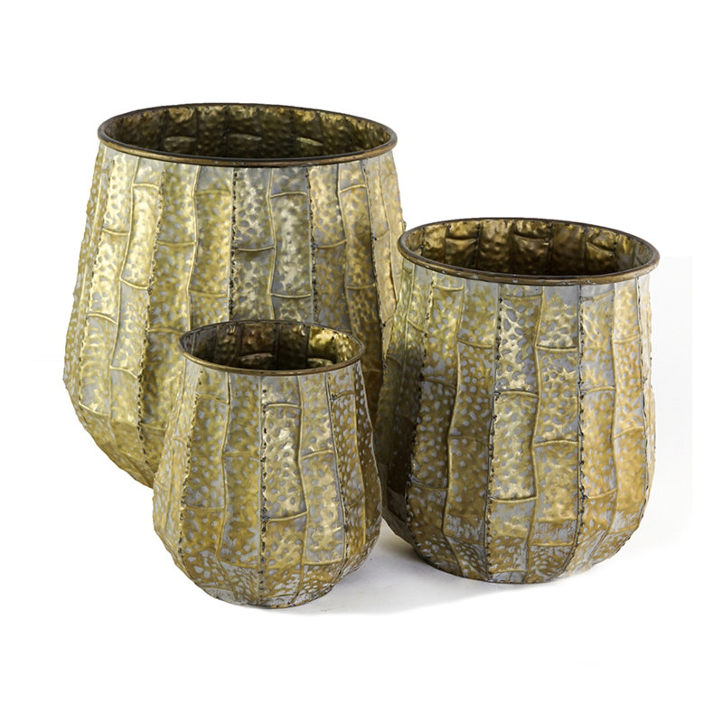 Ensemble de 3 pots à fleurs en métal au fini patiné rustique doré pour une décoration intérieure et extérieure, style classique