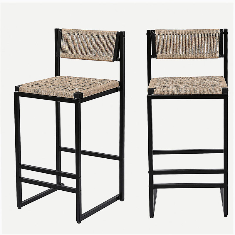 Kitchen Bar Stool with Footrest 2-Person Paper Weave Bar Stool Bar Height Stool (Style B Black & Honey)