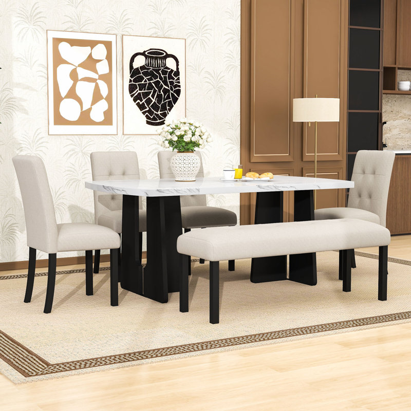 Ensemble de salle à manger élégant 6 pièces avec pieds en bois, banc et chaises capitonnées, Beige, Blanc