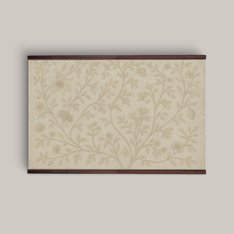Neutral Botanical Tapestry Wall Hanging – Beige Floral Canvas with Wooden Hanger, 45" H x 73" W