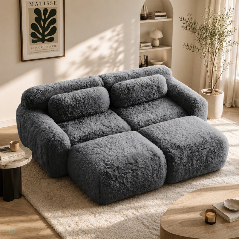 Tissu moelleux doux de 80 po, canapé désossé, aucun assemblage requis, conception antidérapante inférieure, avec repose-pieds et coussins décoratifs, siège profond, combinaison 32D haute densité sans éponge, pour étude, gris foncé