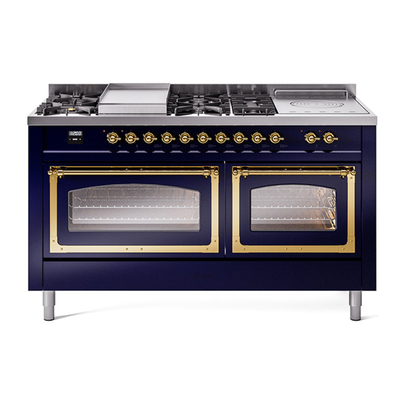 ILVE Nostalgie II Noblesse 60 in Dual Fuel Range 7 Burner, Griddle, Frenchtop, Natural Gas, Midnight Blue/Brass