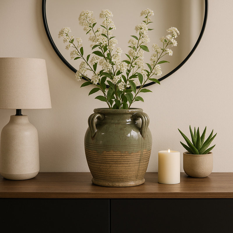 Ceramic/Porcelain Table Vase, 10" H x 9" W x 8" D, Glossy Green Ombre