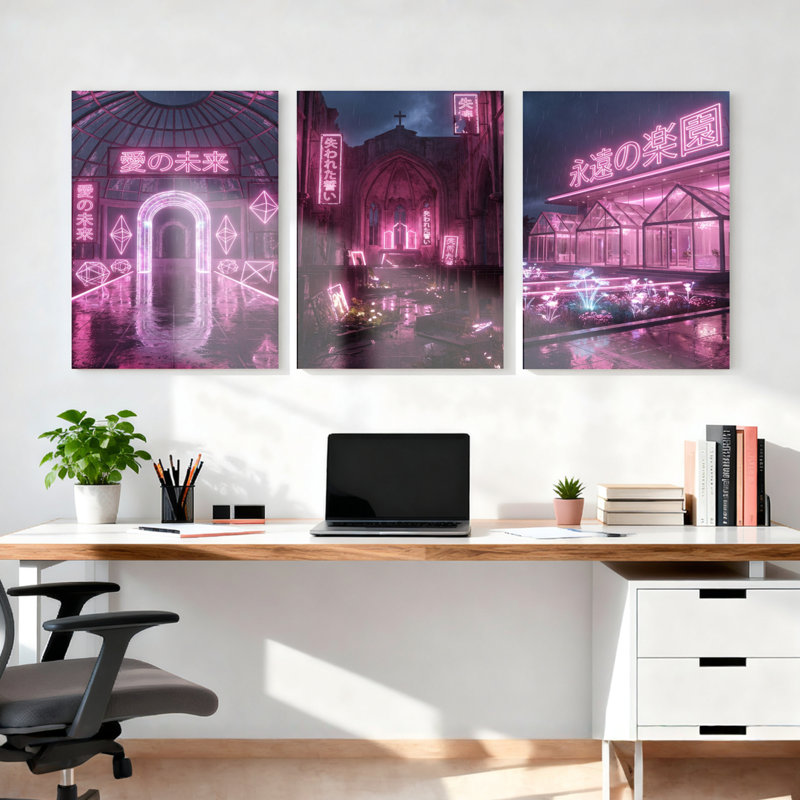 Ensemble de 3 tableaux muraux sur toile « Cathédrale néon rose », H 24 po x l 48 po