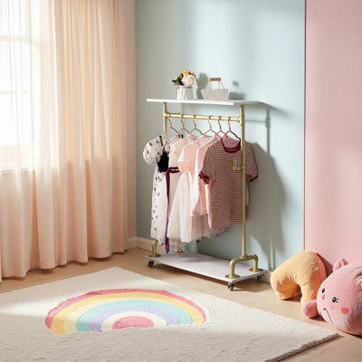 Portemanteaux pour enfants avec rangement pour vêtements pour tout-petits, organisateur de vêtements pour tout-petits avec tablette en bois, portemanteau pour enfant avec tuyau à roulettes avec crochets et tringle, armoire à vêtements de style indust