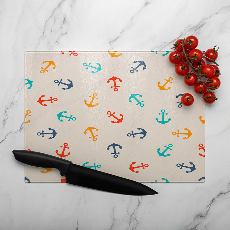 Multi Coloured Anchors Glass Chopping Board, 40cm L x 28cm W