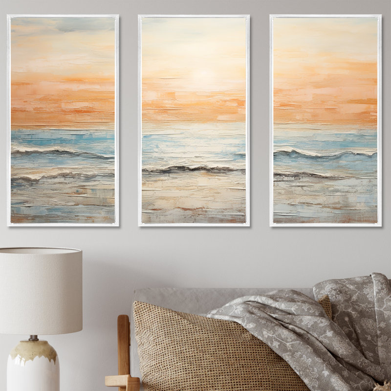Pinkston - ensemble d'art mural coucher de soleil côtier, H 40 po x l 60 po x P 1 po, Cadre flottant blanc