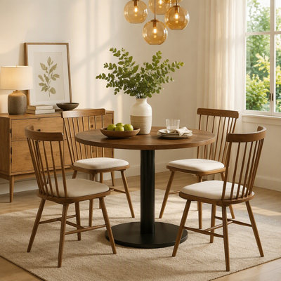 Table de salle à manger ronde 31,5 pouces en bois massif avec base en piédestal en métal, petite table de cuisine pour 2 à 4 personnes (table seulement)
