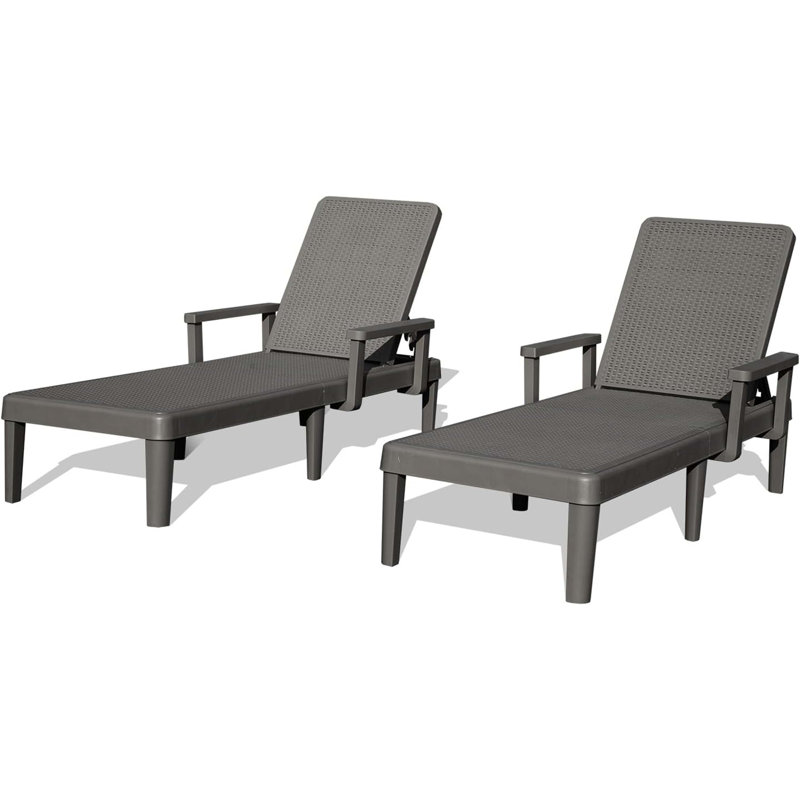 Pool Lounge Chairs Set Of 2, Outdoor Lounge Chairs With 6 Positions Backrest Adjustable Armrest, Resin Waterproof Chaise Lounge Outdoor For Poolside Patio Garden Deck