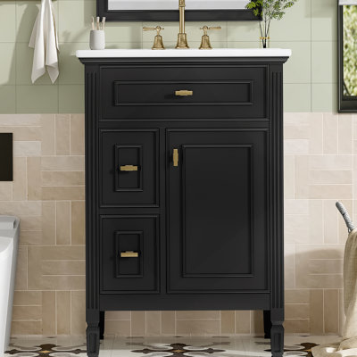 Meuble-lavabo de 24 po avec lavabo, armoire en bois massif et panneau de fibres à densité moyenne avec un tiroir rabattable, deux tiroirs standard et une tablette réglable, meuble-lavabo noir autoportant pour le rangement de la salle de bain