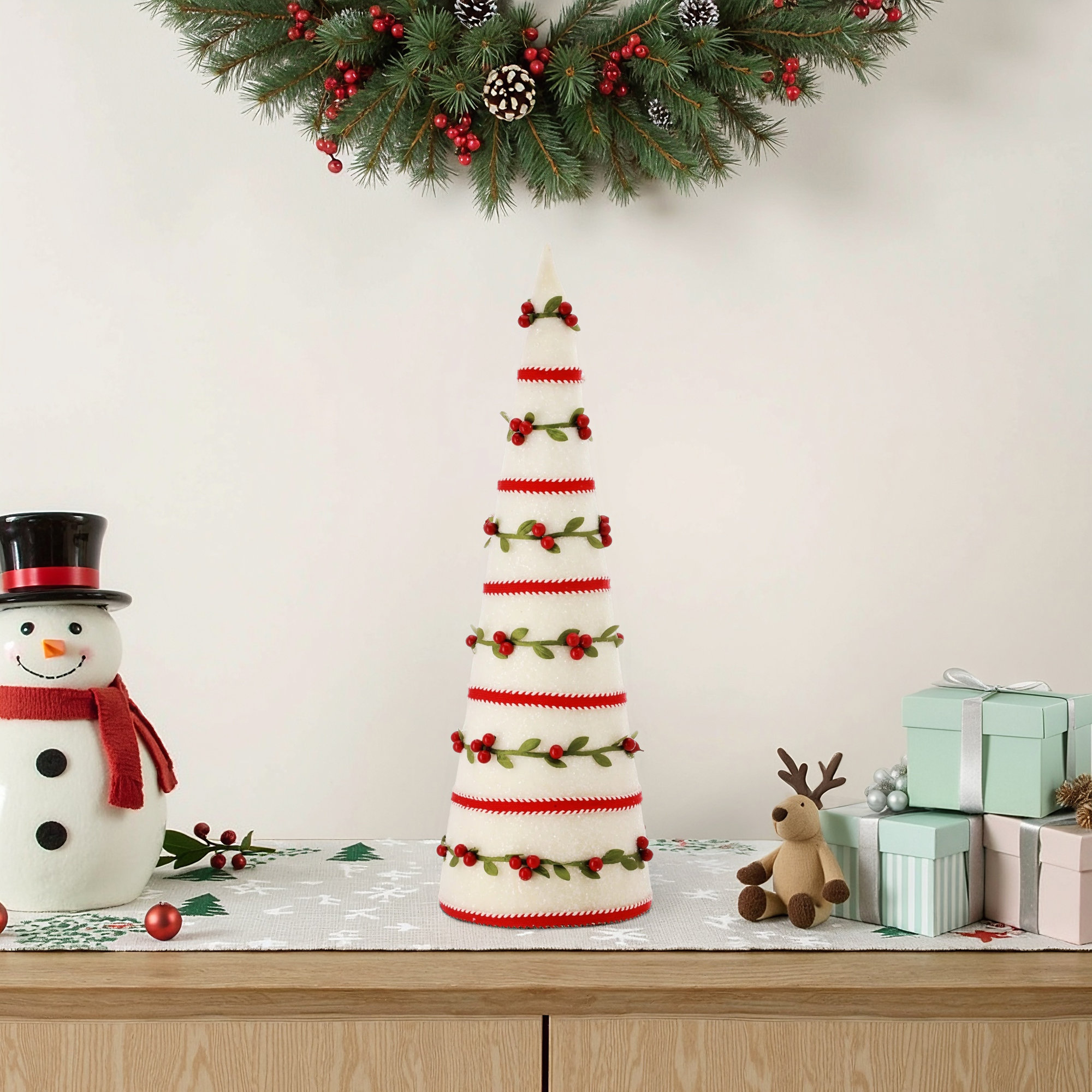 Berry Vine Frosted Cone Tree, White Red