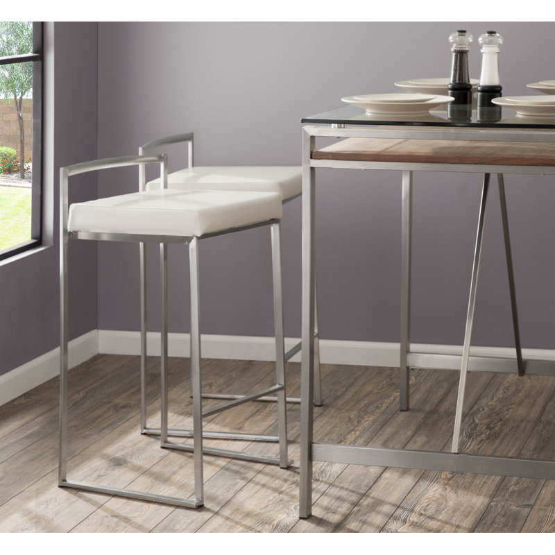 Derik Low Back Stool, Stainless Steel, White Faux Leather, Counter Stool (27" Seat Height)