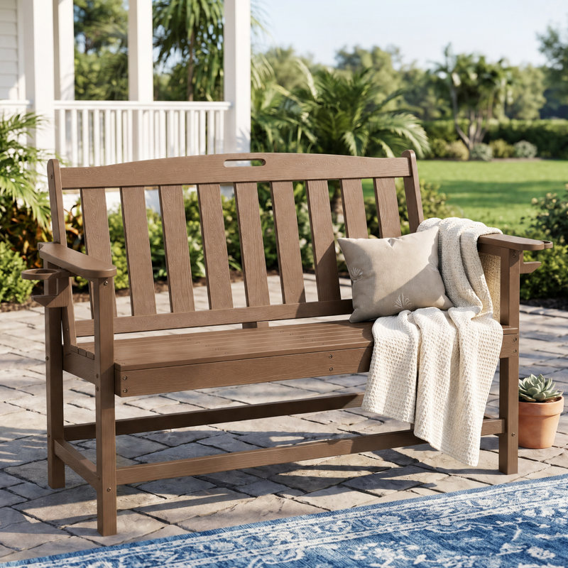 Banc de parc extérieur Hdpe avec porte-gobelet dissimulé, Brun