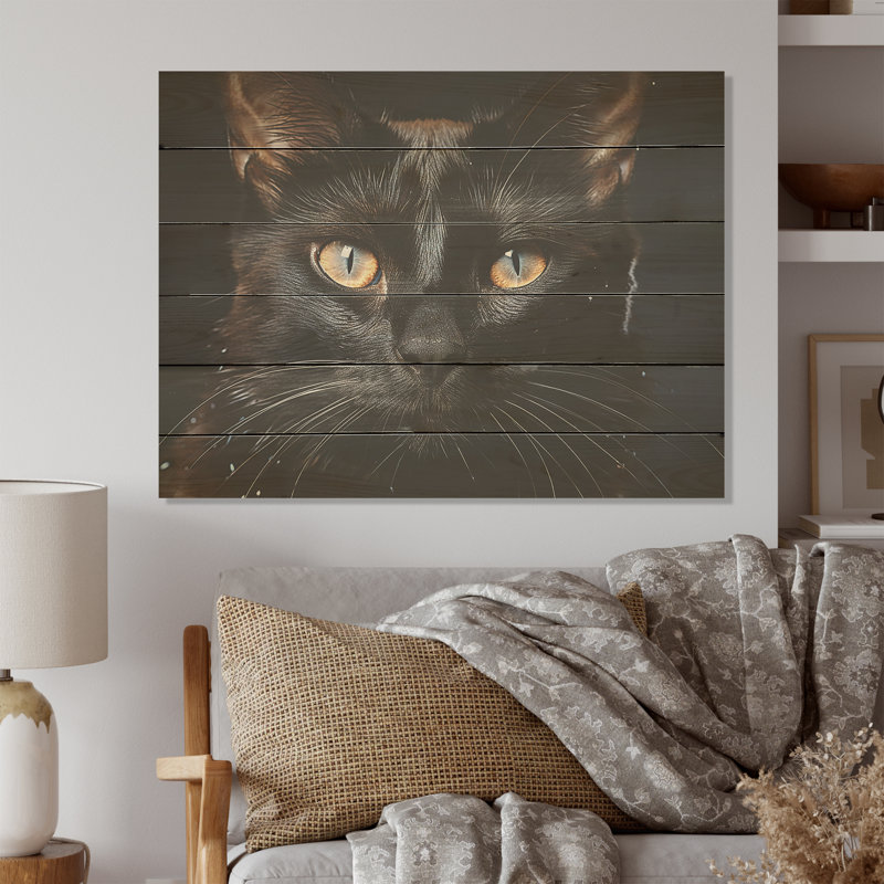 Beauté birmane, chat noir I - art mural en bois sur bois de pin naturel, H 24 po x l 32 po