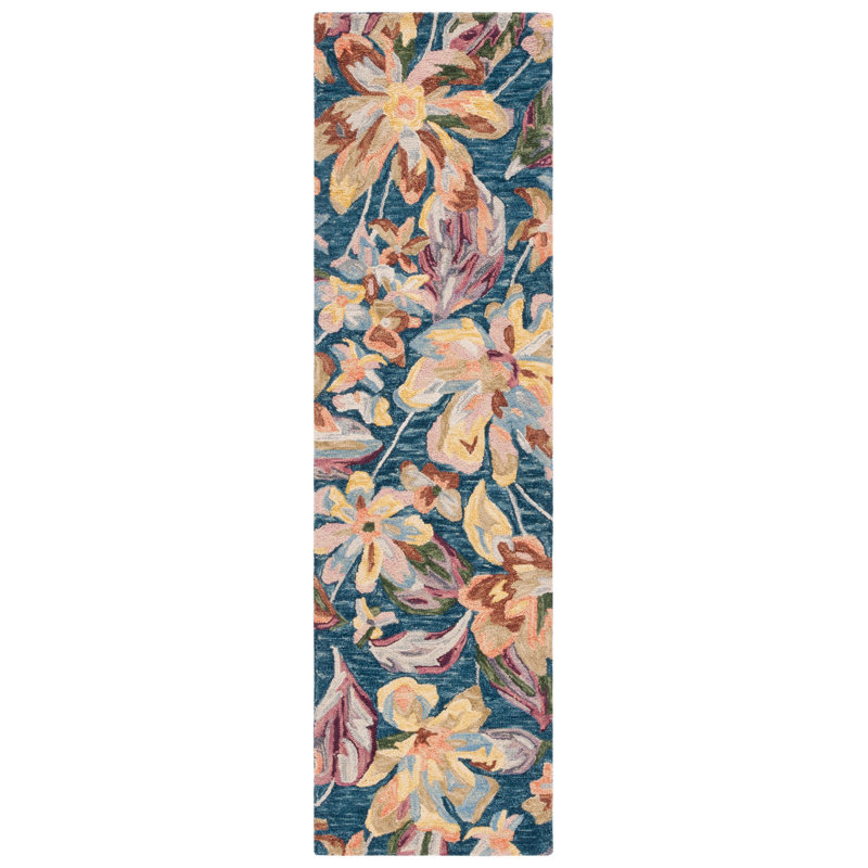 Katriona Hand Tufted Wool/Cotton Floral Rug in Gold/Blue, Runner 2'3" x 8'