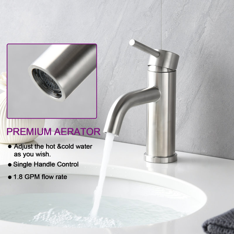 Robinet de salle de bain monotrou raffiné, robinet de lavabo à poignée unique avec bec courbé et commande d'eau chaude/froide