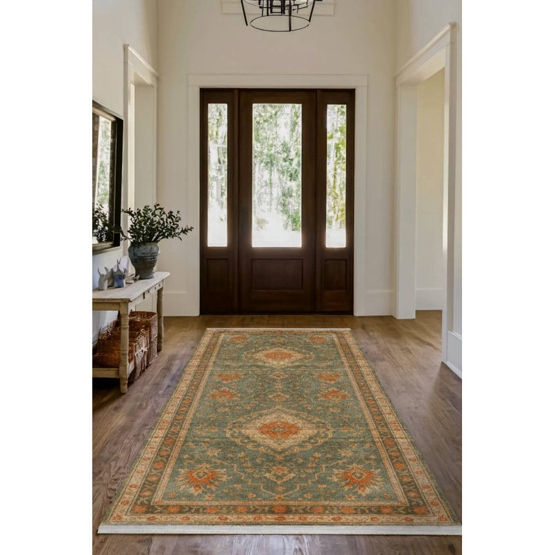 Zyana Collection Digital Print Cotton-Polyester Green Moroccan Rug, Rectangle 4' x 7'3"