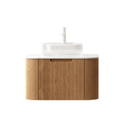 DINA 24" Bathroom Vanity With Sink, Wall-Mounted Floating Curved Edges Striped Storage Cabinet With Drawer, Transparent Round Glass Basin And Countertop, Pre-Assembled, Natural Woodgrain Colour