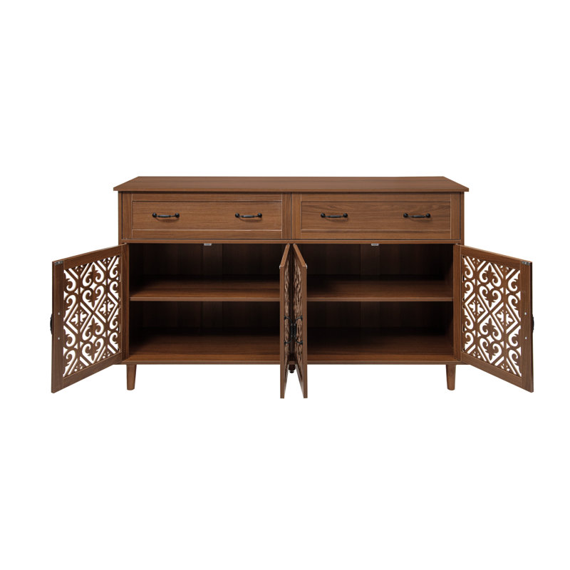 59" Walnut Vintage Sideboard Buffet, 150 Lbs Top Weight Capacity, Hand-Carved Hollow Doors, 2 Drawers 4 Doors Storage Credenza