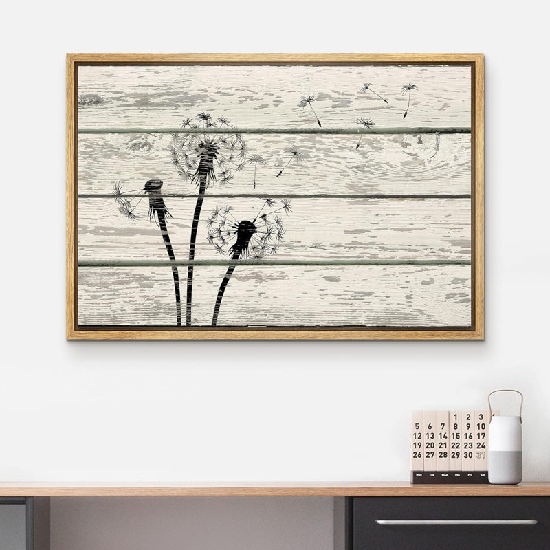 Windy, noir et blanc, silhouette de pissenlit, fleurs naturelles, effet de bois, panneaux, illustrations, rustique