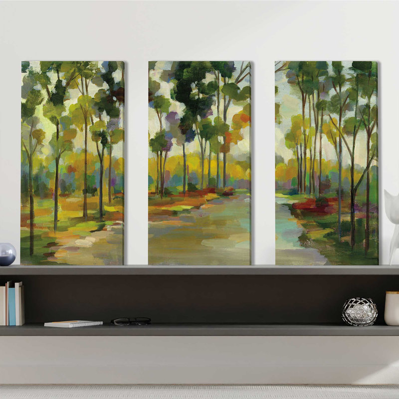 Chemin dans la forêt - ensemble de 3 peintures sur toile tendue, H 32 po x l 48 po x P 0,75 po