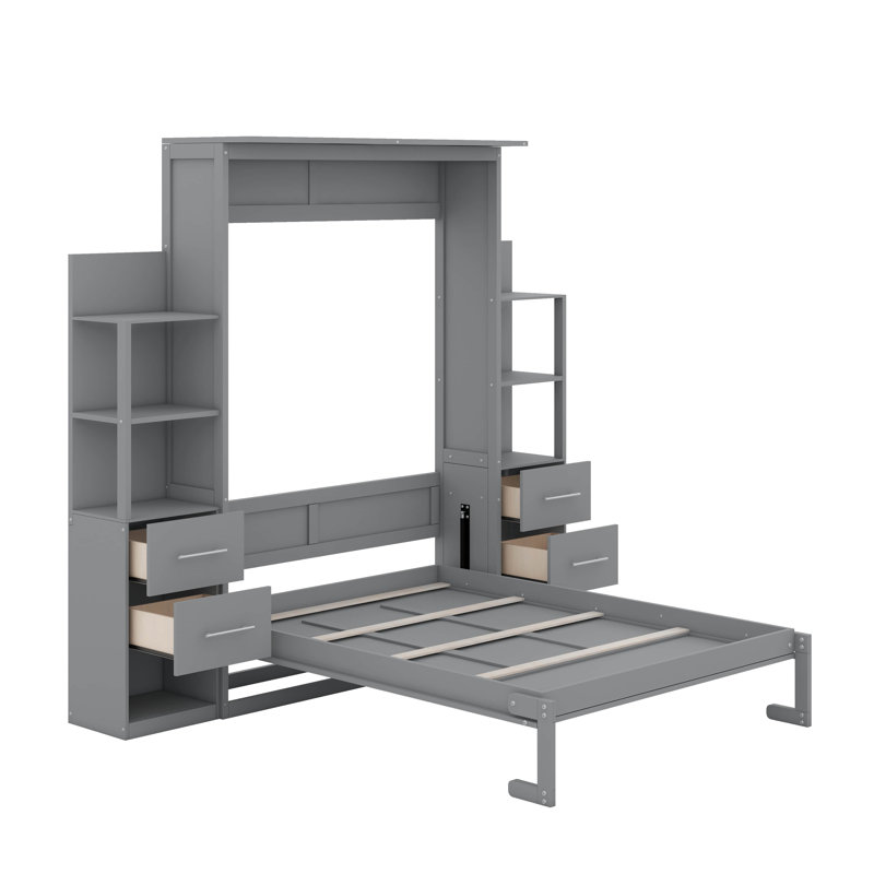 Lit escamotable avec tablettes, tiroirs et DEL Murphy, Gris, Lit double