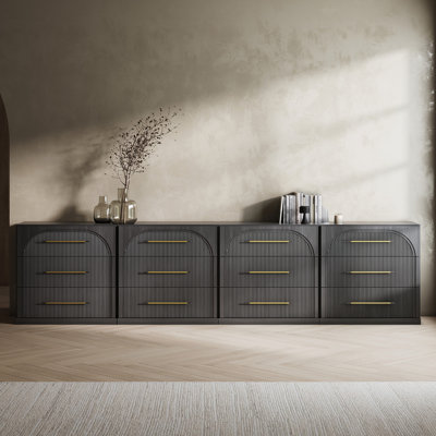 Set of 4 Fluted Modular Sideboard Cabinet with 3 Drawers, Ebony