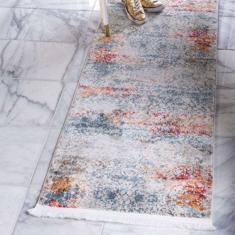 Tapis de style oriental bleu / rouge / orange / crème Folmar, Tapis de couloir 2 pi 2 po x 8 pi