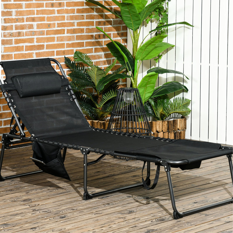 Fauteuil de bronzage de plage, 5 positions, trou pour le visage de lecture, pochette de rangement, noir pour le patio, soleil inclinable 5 positions, matériau respirant, vie extérieure pliable sur le côté,