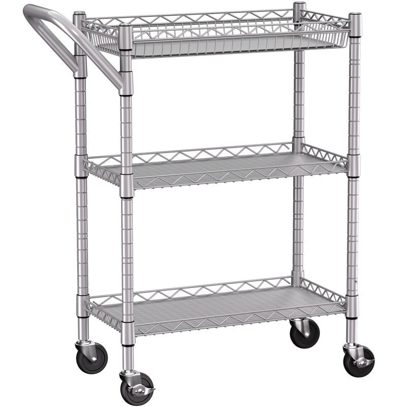 3-tier Utility Cart With Wheels Outdoor Rolling Metal Storage Organizer, Silver, 36" H x 23" W x 18" D