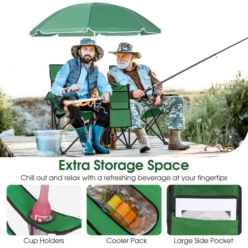 Chaise de pique-nique portable pliante double avec table de parasol Refroidisseur de camping à la plage ， Vert / vert