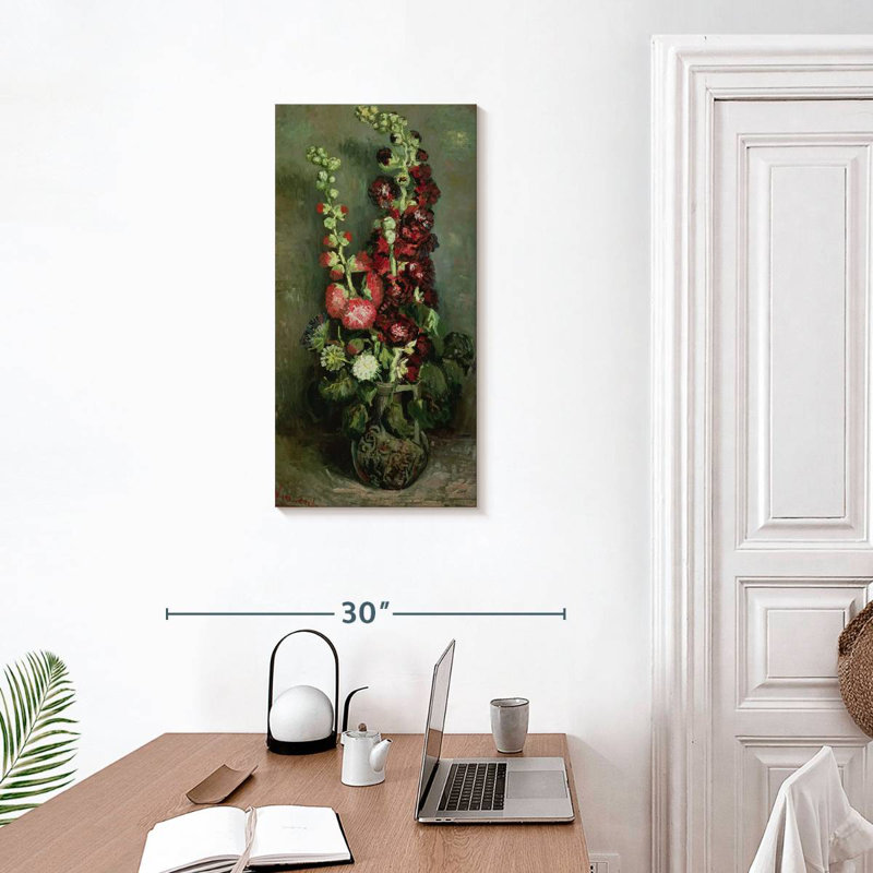 Vase de roses trémières, H 30 po x l 15 po