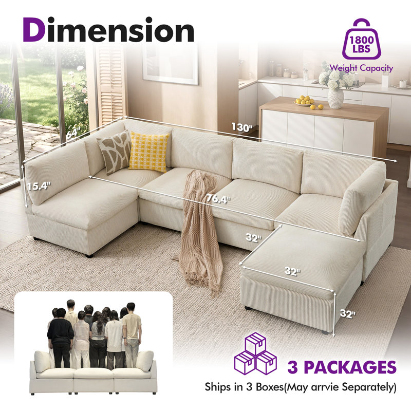 130" Oversized Corduroy Modular Sectional Sofa with Ottoman, 6-Seater Couch for Living Room, Beige, Beige Corduroy