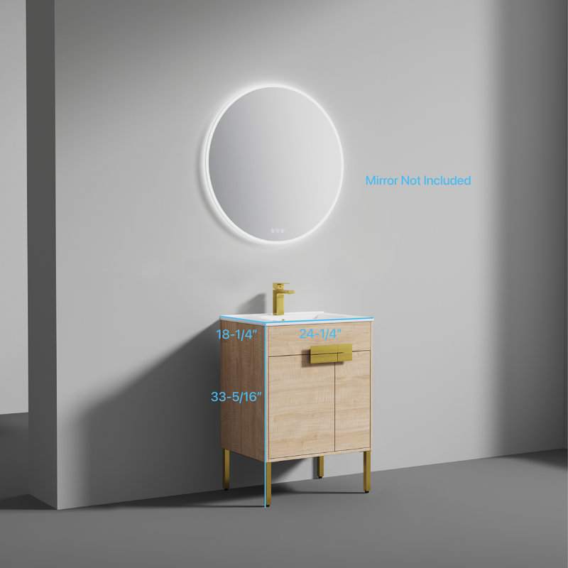 Meuble-lavabo autoportant de 24 po avec lavabo, meuble-lavabo en bois avec lavabo en céramique, Or, Naturel