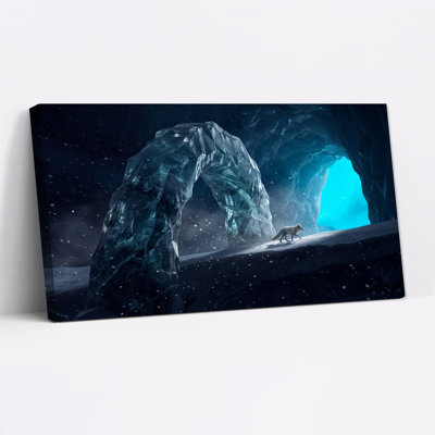 Arctic Fox Walking Through Glowing Blue Ice Cave Canvas Wall Art